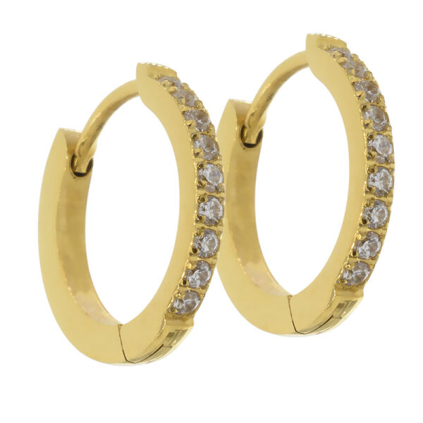 Stainless steel hoop earrings with Zirconias, PVD-Gold - 15 mm
