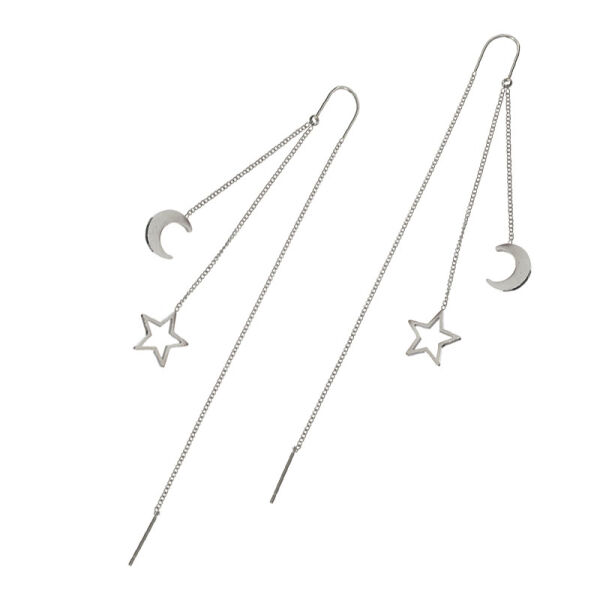 Earrings with Fine Chains, Star, Moon and Minimal Bar