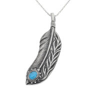 Stainless steel pendant - Feather with turquoise