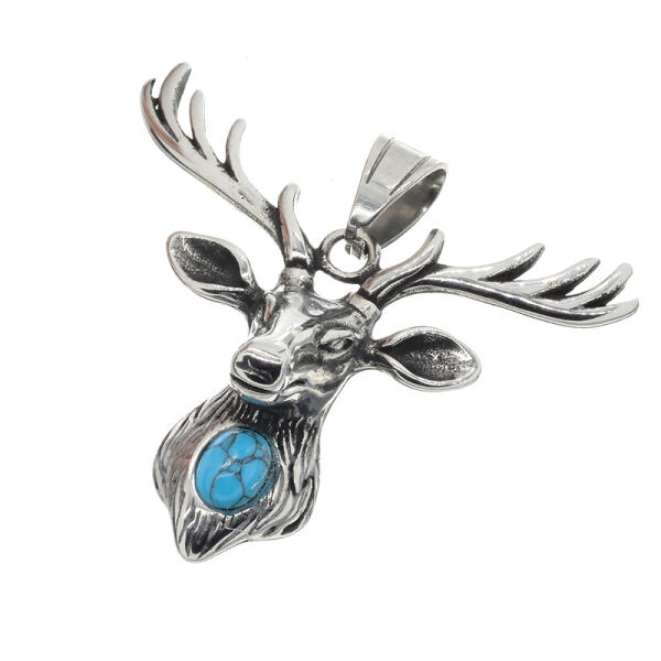 Stainless steel pendant - Deer Head with Turquoise