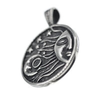 Stainless Steel Pendant – Sun, Moon and Stars on a Dark Disc