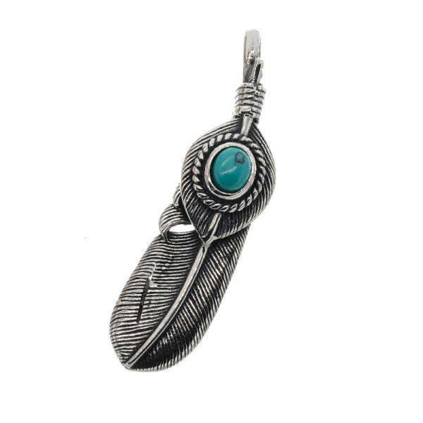 Feather with colored stone Stainless Steel Turquoise Left-leaning