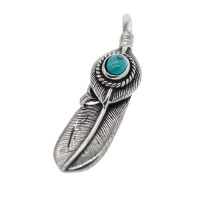 Feather with colored stone Stainless Steel Turquoise Left-leaning