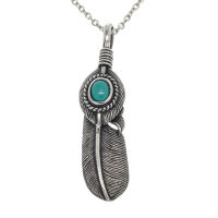Stainless steel pendant - Feather with colored stone Two-tone Turquoise Right