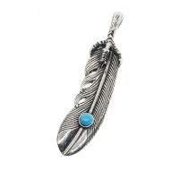 Stainless steel pendant - claw with feather and light blue stone Left-leaning