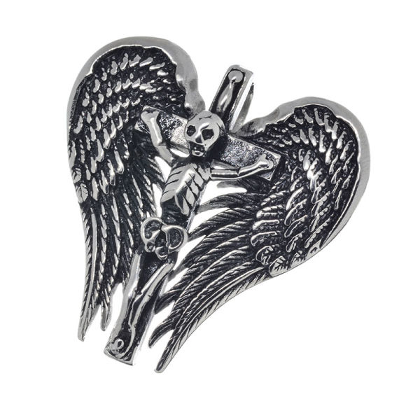 Edelstahlanhänger - Flügel mit Skelett am Kreuz