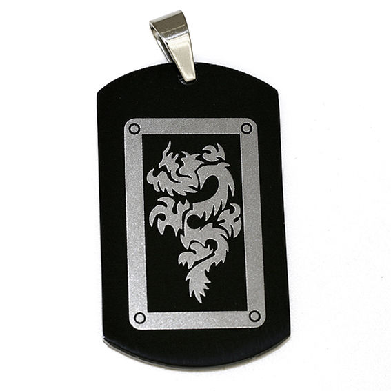 Edelstahlanhänger - Dogtag mit Drachen - PVD - Schwarz