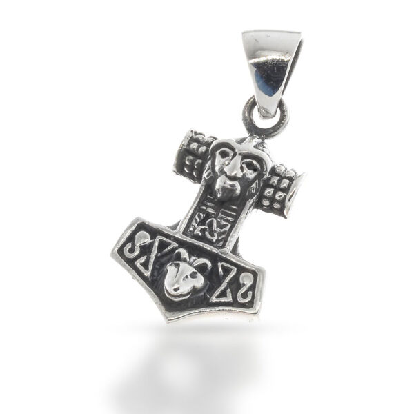 Small Thors Hammer with Face Relief and Animal Head in 925 Sterling Silver