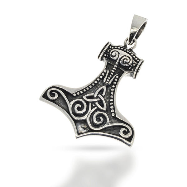 Mjölnir-Anhänger mit großen Spiralen und Punktrand aus 925er Silber