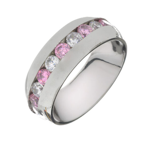 Edelstahlring- Zirkonia  50 DE / 5 US-Weiß/ Rosa