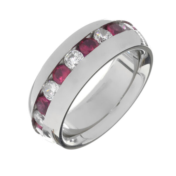 Edelstahlring- Zirkonia  50 DE / 5 US-Weiß / Rot