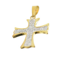 Edelstahlanhänger - Kreuz mit Steinen PVD-Gold-groß