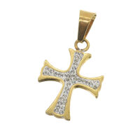 Edelstahlanhänger - Kreuz mit Steinen PVD-Gold-klein
