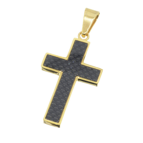 Stainless steel pendant “Carbon Cross” PVD-Gold-medium