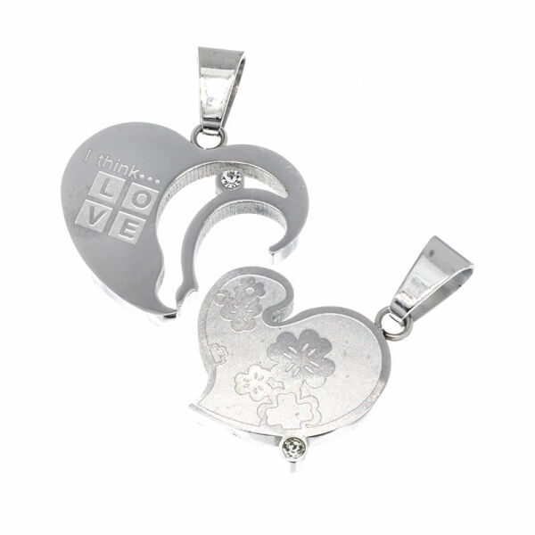 Stainless Steel Pendant – Partner Heart with Love Lettering and Floral Ornament