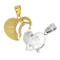 Stainless Steel Pendant – Partner Heart with Love Lettering and Floral Ornament