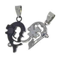 Stainless Steel Pendant – Curved Partner Heart with Clover and Stones