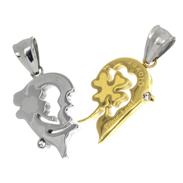Partner Edelstahlanhänger - Herz mit Kleeblatt Stahl/PVD-Gold
