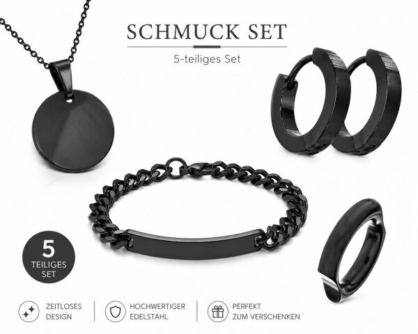 Edelstahl- Schmuckset, 5-tlg, versch. Farben PVD Schwarz-4 mm-DE 52 -60 cm