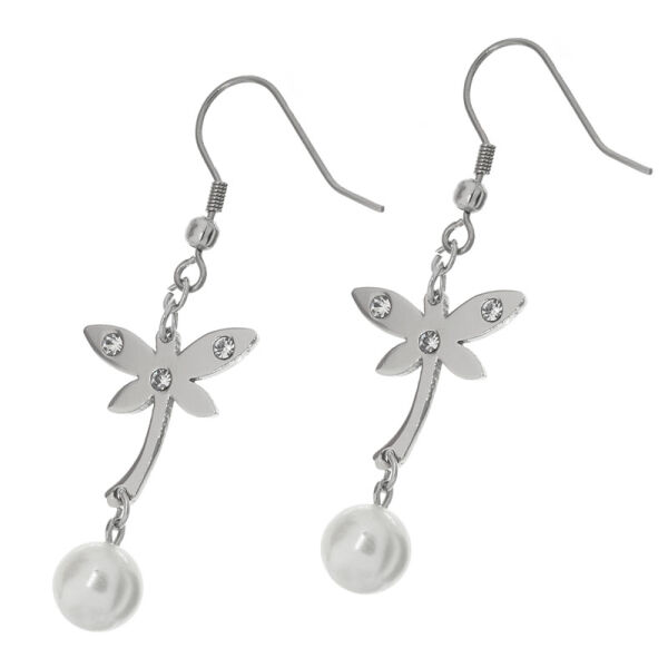 Stainless Steel Earrings - Dragonfly with Pearl and Zirconia