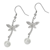 Stainless Steel Earrings - Dragonfly with Pearl and Zirconia