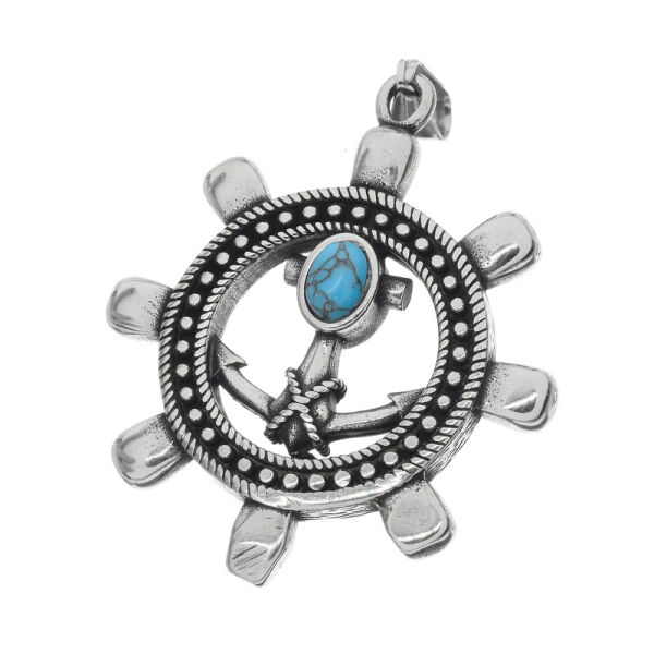 Stainless Steel Pendant - Steering Wheel with Turquoise
