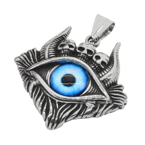 Stainless Steel Pendant – Blue Demon Eye with Skull Crown