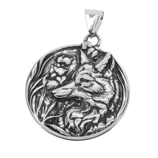 Stainless Steel Pendant - Wolf with Floral Details