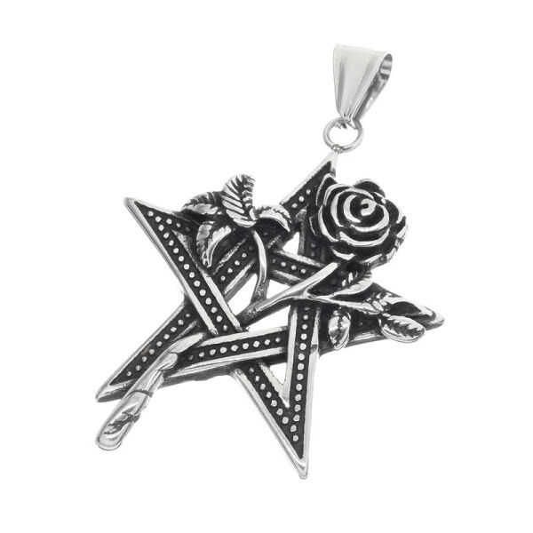 Edelstahlanhänger - Pentagramm mit Rose / Gothic