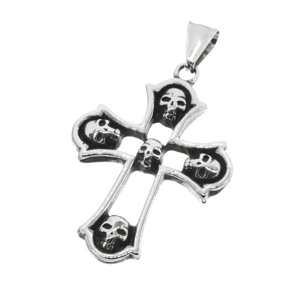 Stainless Steel Pendant - Cross with 5 Skulls