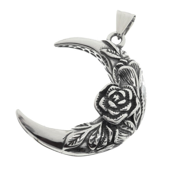 Stainless Steel Pendant – Crescent Moon with Sculpted Rose