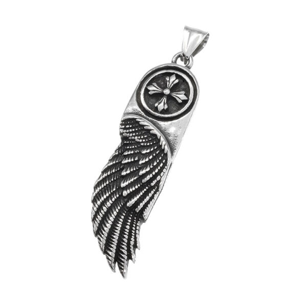 Stainless Steel Pendant – Angel Wing with Round Cross Motif