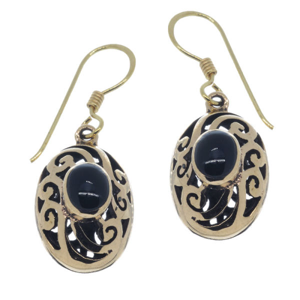 Bronzeohrringe - Oval mit Onyx / Perlmutt