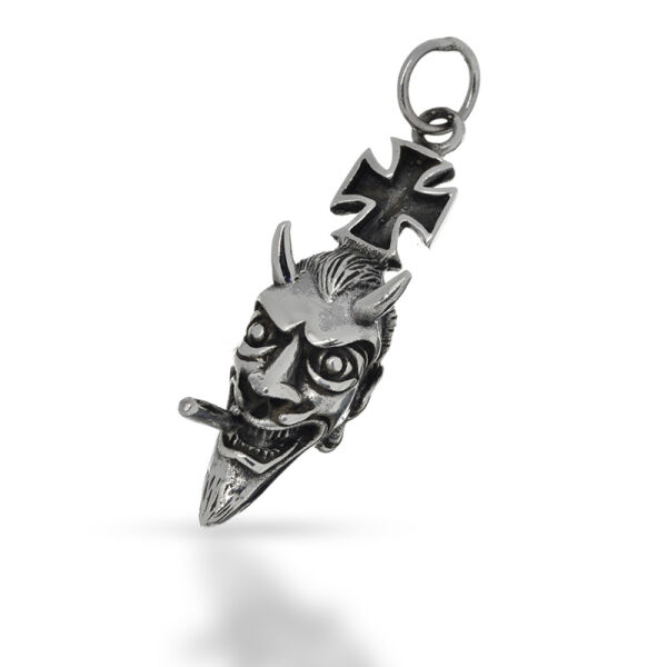 Teufelskopf-Anhänger mit Zigarre und Tatzenkreuz aus 925er Silber