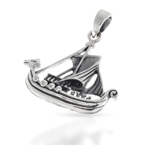 Wikingerschiff-Anhänger mit Drachenbug und Segel aus 925er Silber