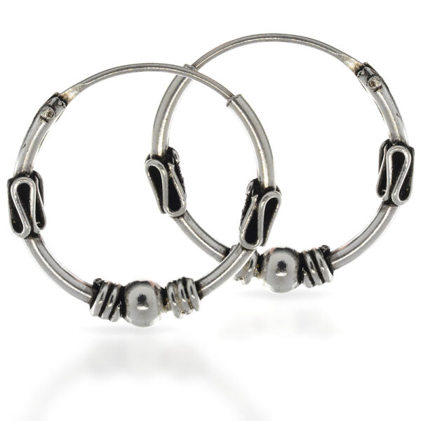 Bali Hoop Earrings in 925 Sterling Silver – Bead and Side Wave Motifs, 16 mm (Pair)