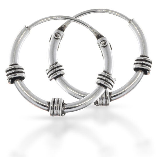 Bali Hoop Earrings in 925 Sterling Silver – Three Grooved Bands, 12 mm (Pair)